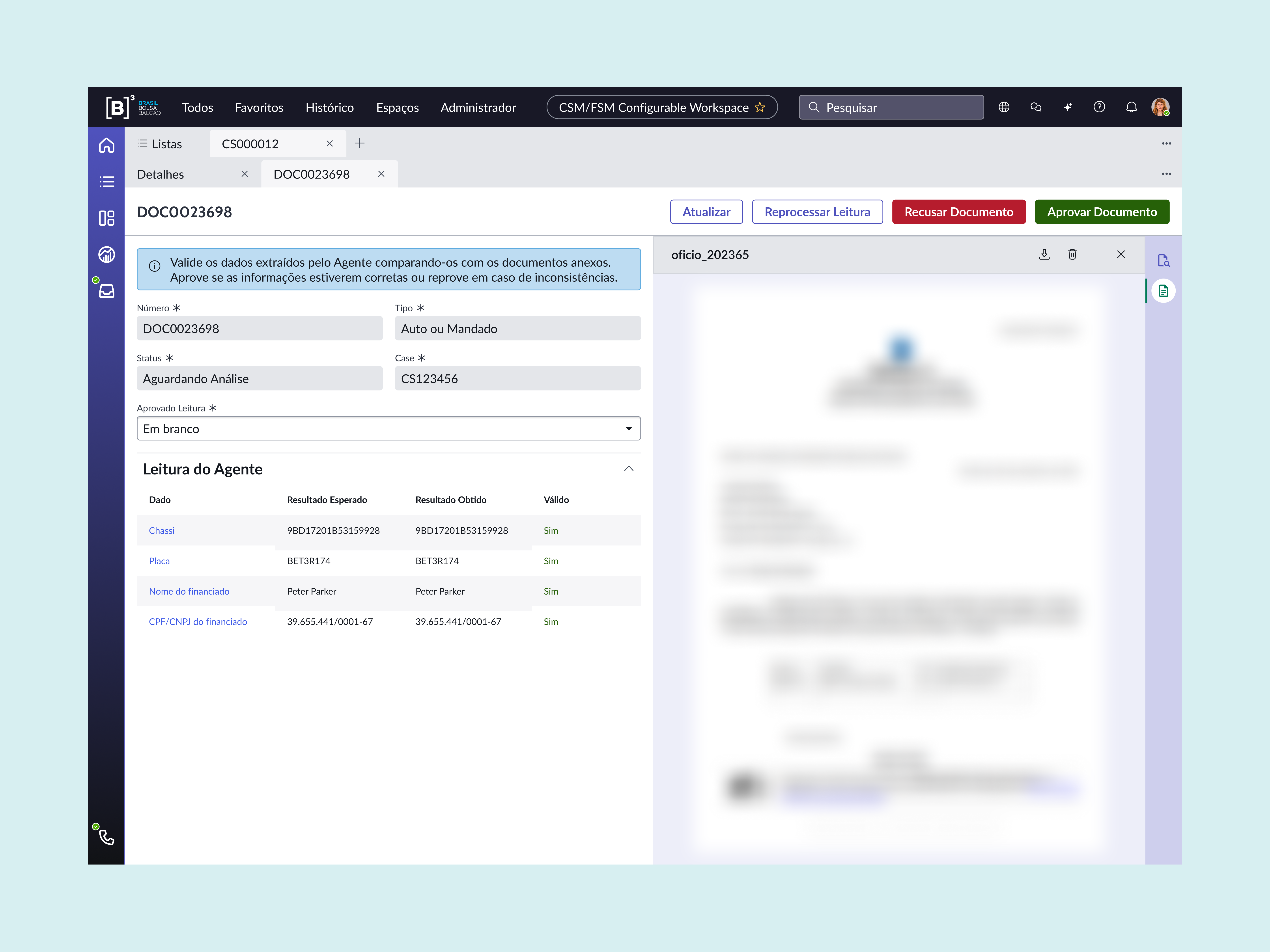 Interface do operador no Workspace